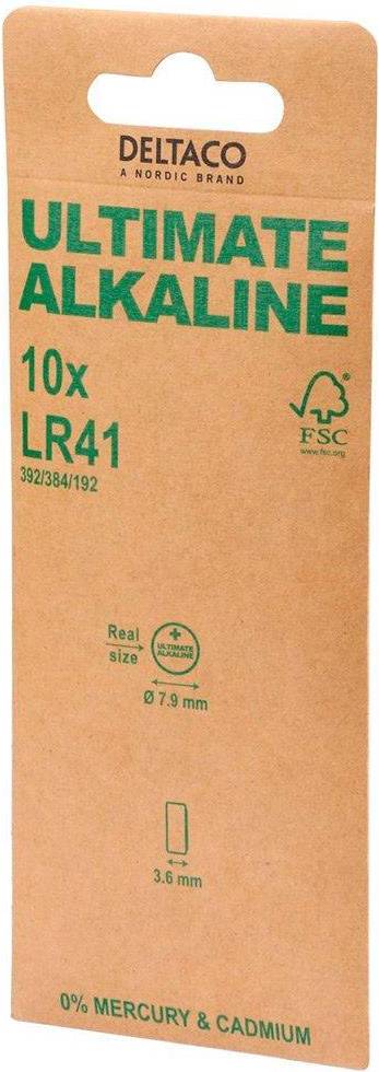 DELTACO Ultimate Alkaline, 1.5V, LR41 button cell, 10-pack bulk