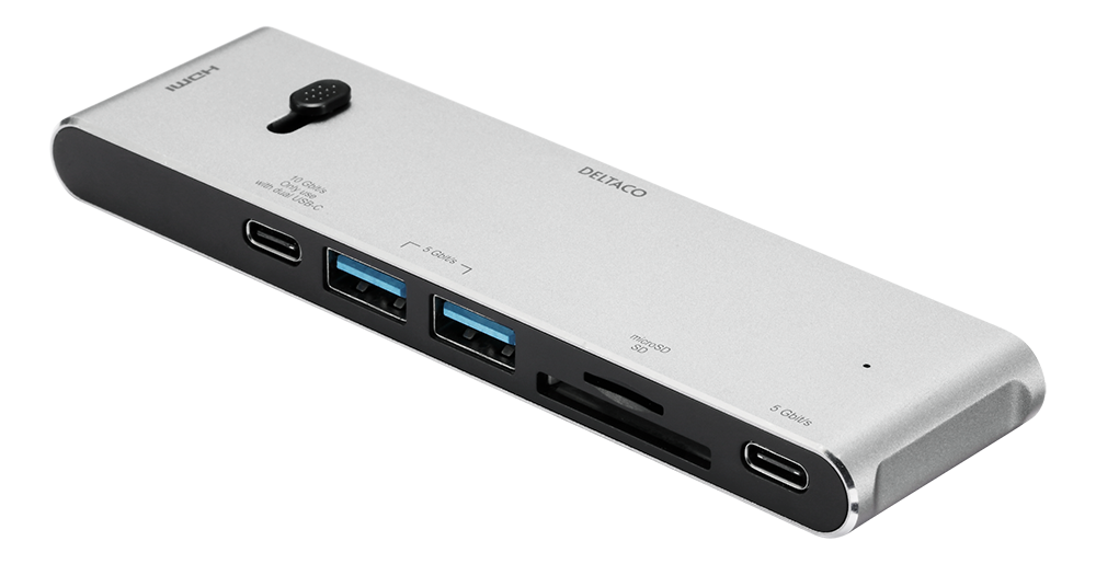 DELTACO USB-C docking station, HDMI/SD/mSD reader,works with MacBook