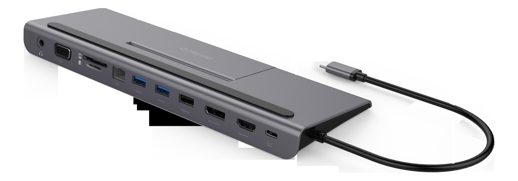 DELTACO USB-C docking station VGA/DP/HDMI/SD/RJ45/3.5 PD 3.0 sp.grey