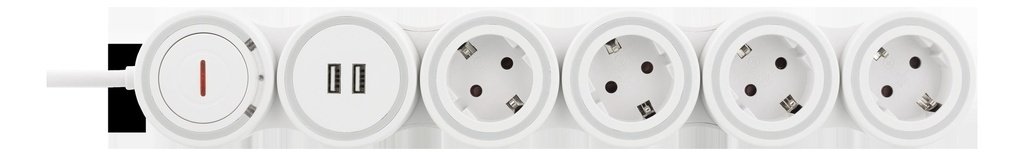 DELTACO Flexible 4-Socket Power strip, 1.4m, 16A 3500W, 2x USB-A, wh